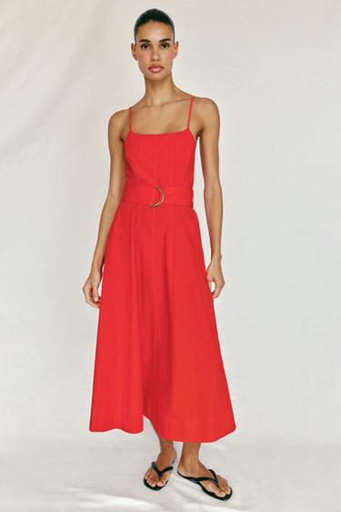 POPLIN MIDI DRESS WITH BELT - Red by Zara - Image 0