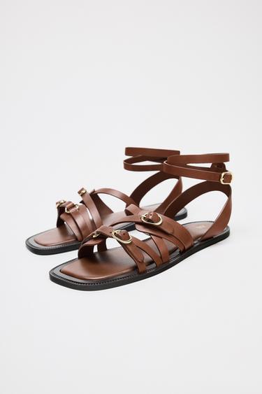 SANDALES PLATES À BRIDES EN CUIR - Marron de Zara - Image 2