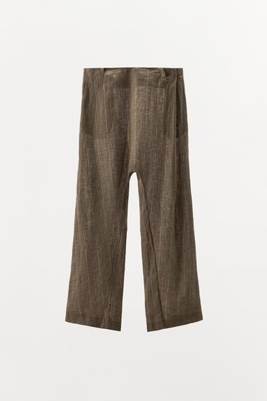 STRIPED LINEN BAGGY TROUSERS - Brown by Zara - Image 4