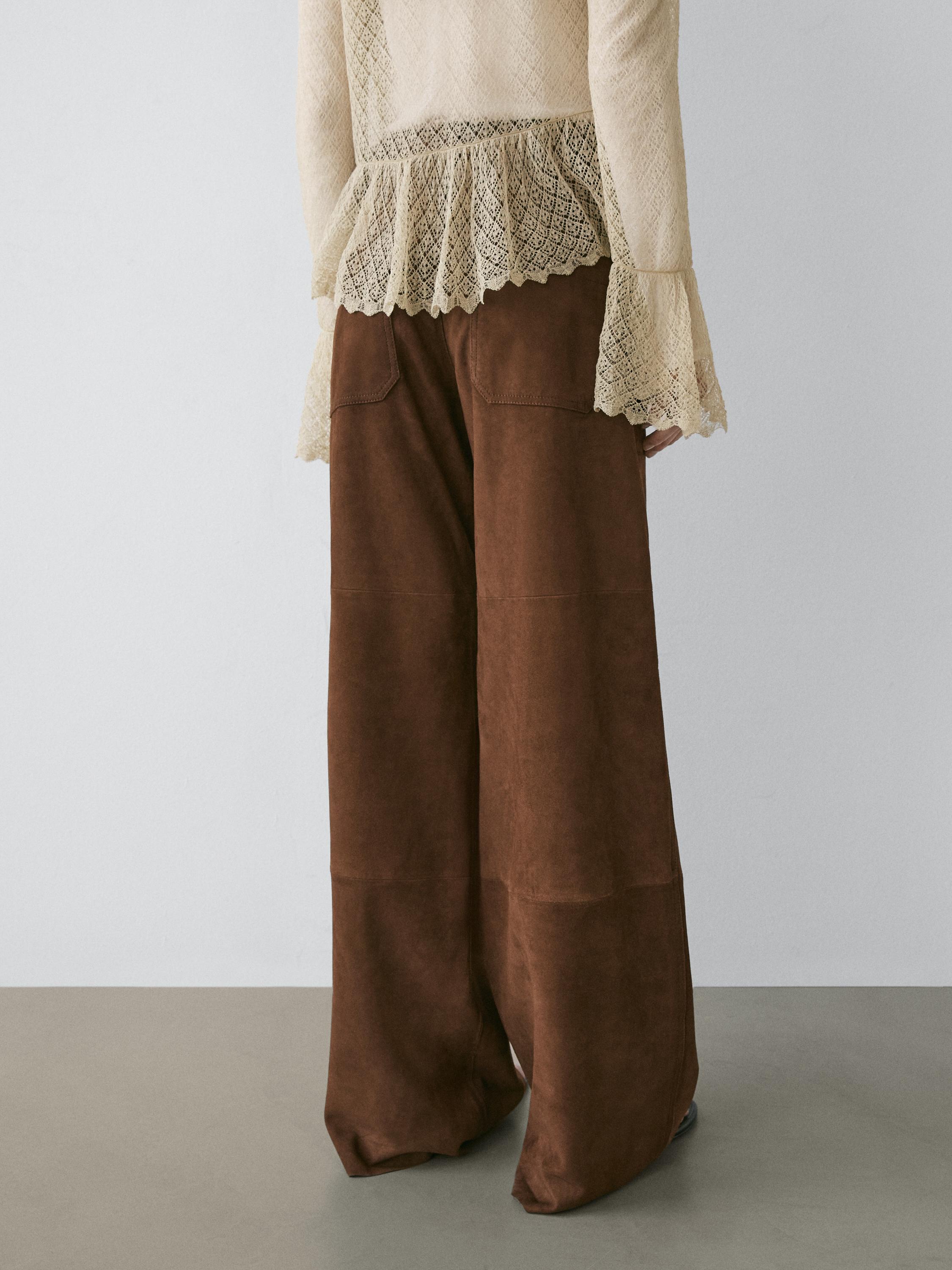 Suede leather wide-leg trousers with pockets