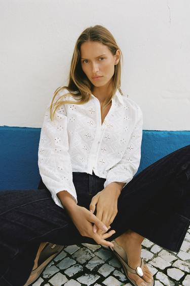 Zara OPENWORK EMBROIDERY SHIRT - White - Image 0
