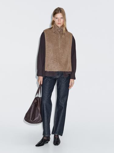 Zara Long 100% cashmere zipped chest bag - Gray / Tan - Image 0