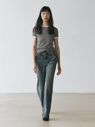 Zara Short sleeve T-shirt with contrast detail - Gray - Image 0