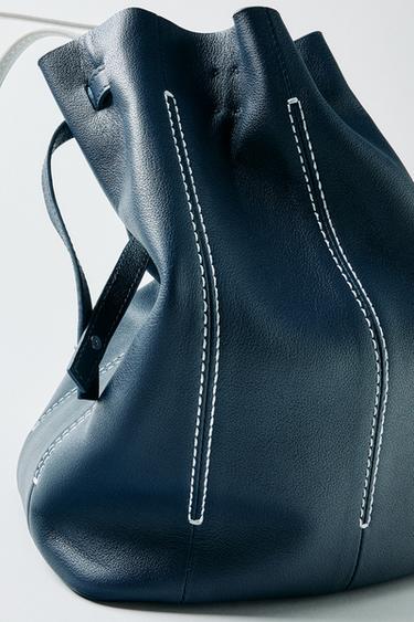 Zara LEATHER SHOULDER BAG - Navy Blue