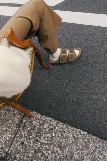 BUCKLED FLAT SHEEPSKIN SANDALS - Taupe Grey by Zara
