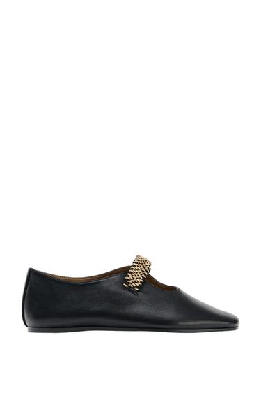 LEATHER BALLET FLATS WITH METAL STRAP - Black by Zara