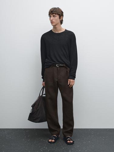 Zara 100% linen straight-leg trousers - Brown - Image 0