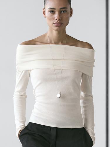 Zara Cotton blend off-the-shoulder T-shirt - Ecru