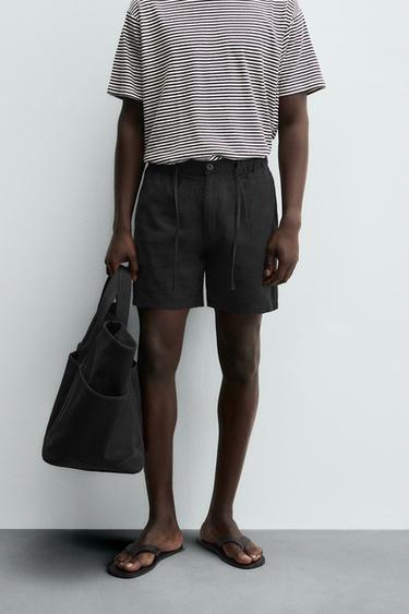 BERMUDA AVEC LIN - Noir de Zara