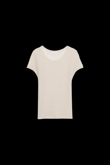 Zara WOOL SHORT SLEEVE T-SHIRT - Ecru