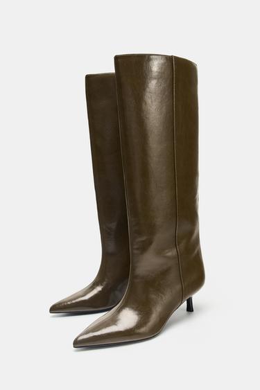 Zara KITTEN HEEL BOOTS - Khaki Green