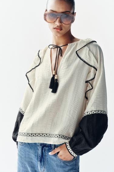 VOLUMINOUS BLOUSE WITH RUFFLES - Ecru / Black by Zara