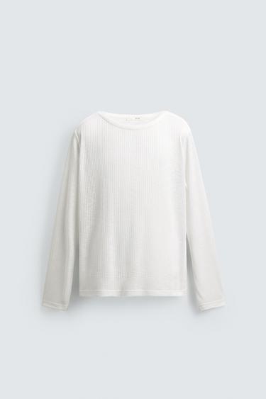 تيشرت مريح قماش كانيالا مدرج - أبيض by Zara