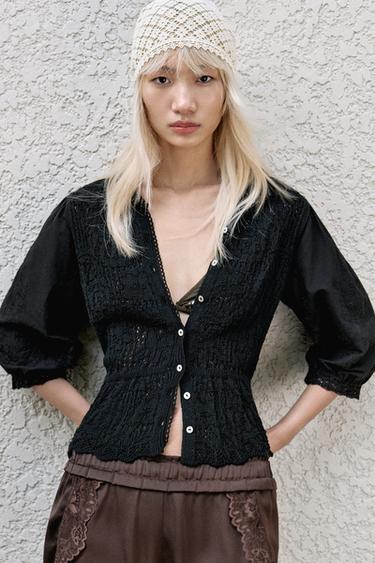 ROMANTIC COMBINED KNIT CARDIGAN - Black by Zara