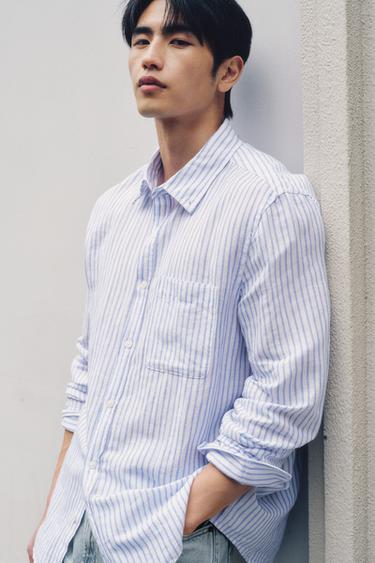 Zara 標準版亞麻/棉質襯衫 - 藍色 / 白色