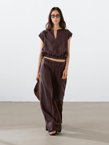 Zara Linen blouse with elasticated hem - Eggplant - Image 0