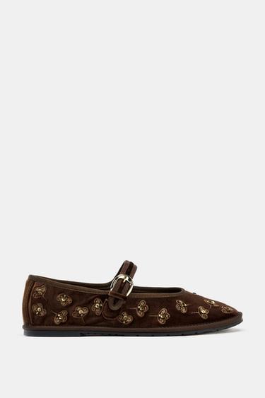 EMBROIDERED VELVET BALLET FLATS - Brown by Zara - Image 0
