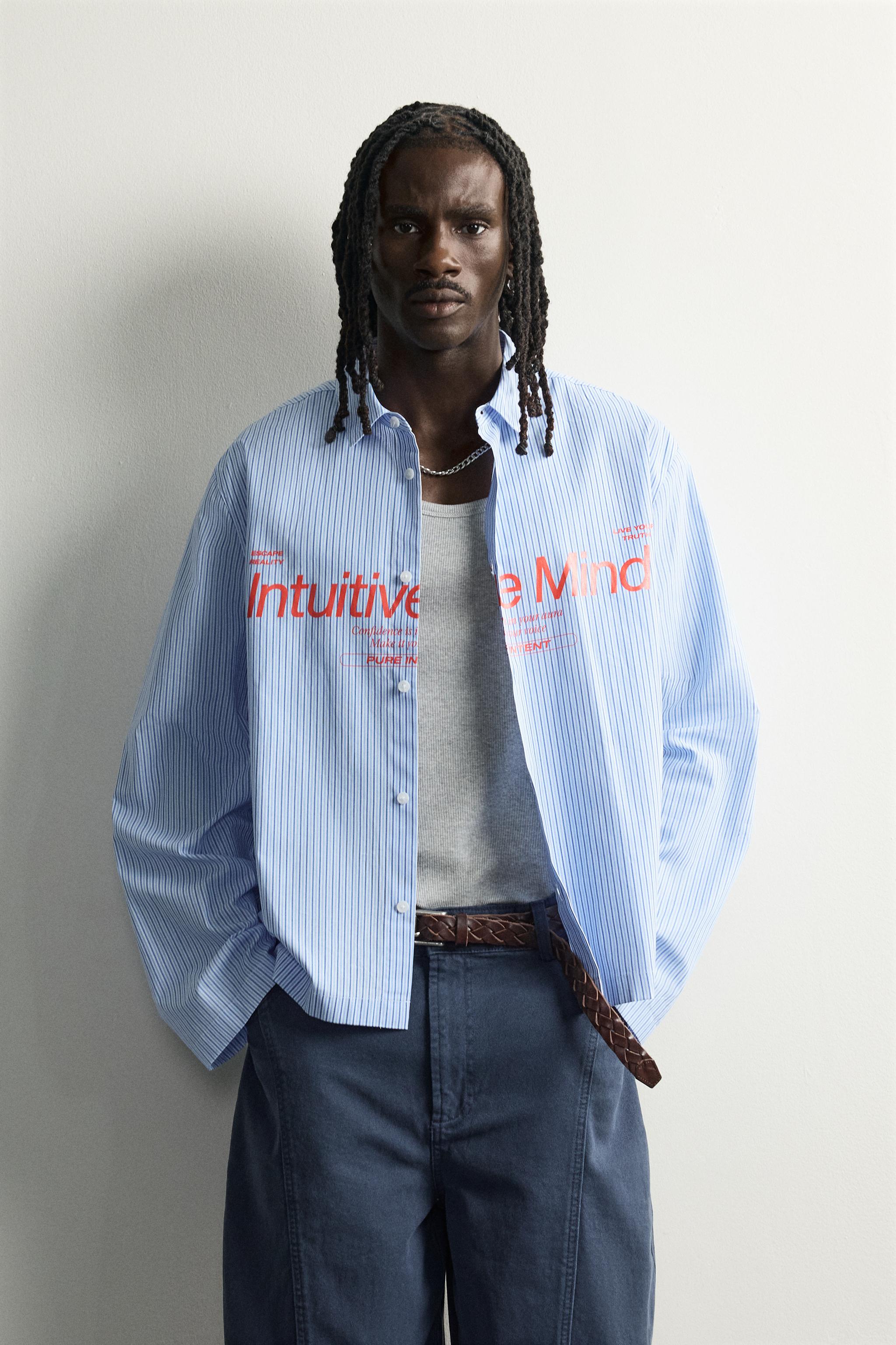 CHEMISE RELAXED FIT RAYURES INSCRIPTION IMPRIMÉE