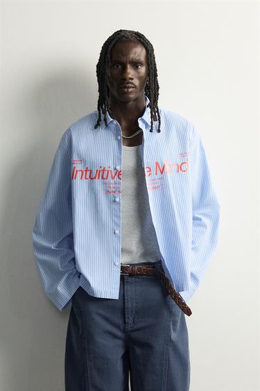 RELAXED FIT STRIPED SLOGAN PRINT SHIRT - striped by Zara