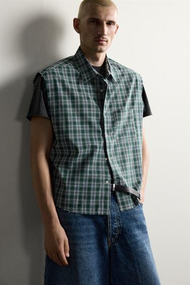 CHECK CROPPED TANK SHIRT - Greens by Zara