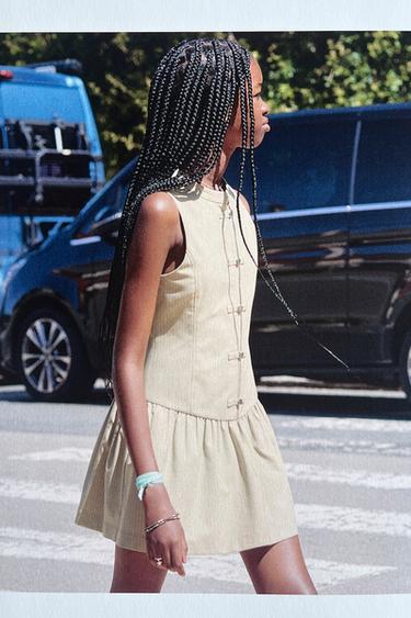 STRIPED DRESS WITH FROG FASTENING - Sand by Zara