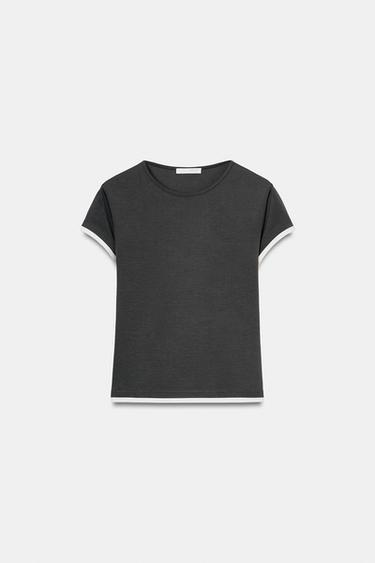 Zara CONTRAST PIPING T-SHIRT - Charcoal gray