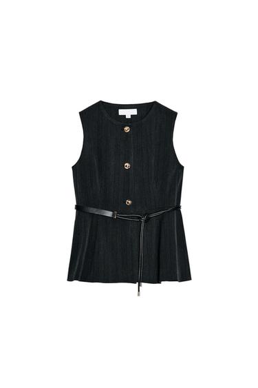 Zara HERRINGBONE PEPLUM VEST WITH BELT - Anthracite grey