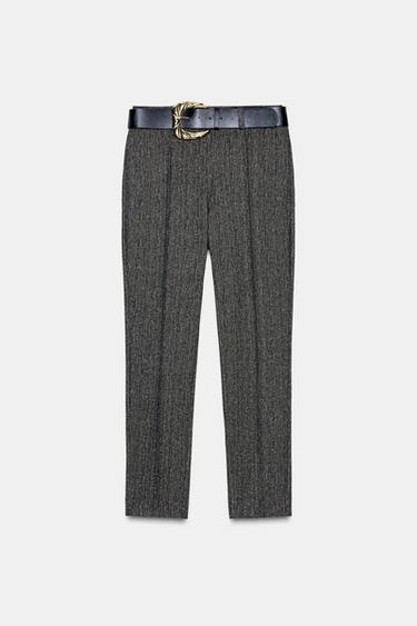 Zara HERRINGBONE BELTED PANTS - Brown