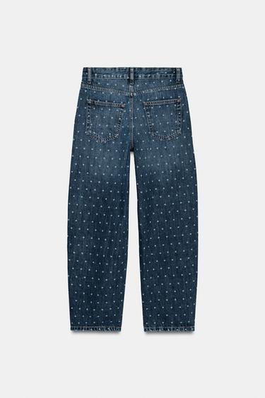 ZW COLLECTION ドットプリントミッドライズテーパードデニムパンツブルーZaraのZW COLLECTION ドットプリントミッドライズテーパードデニムパンツ - ブルー 