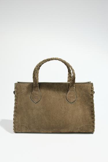 Zara BRAIDED SPLIT LEATHER CITY BAG - Green