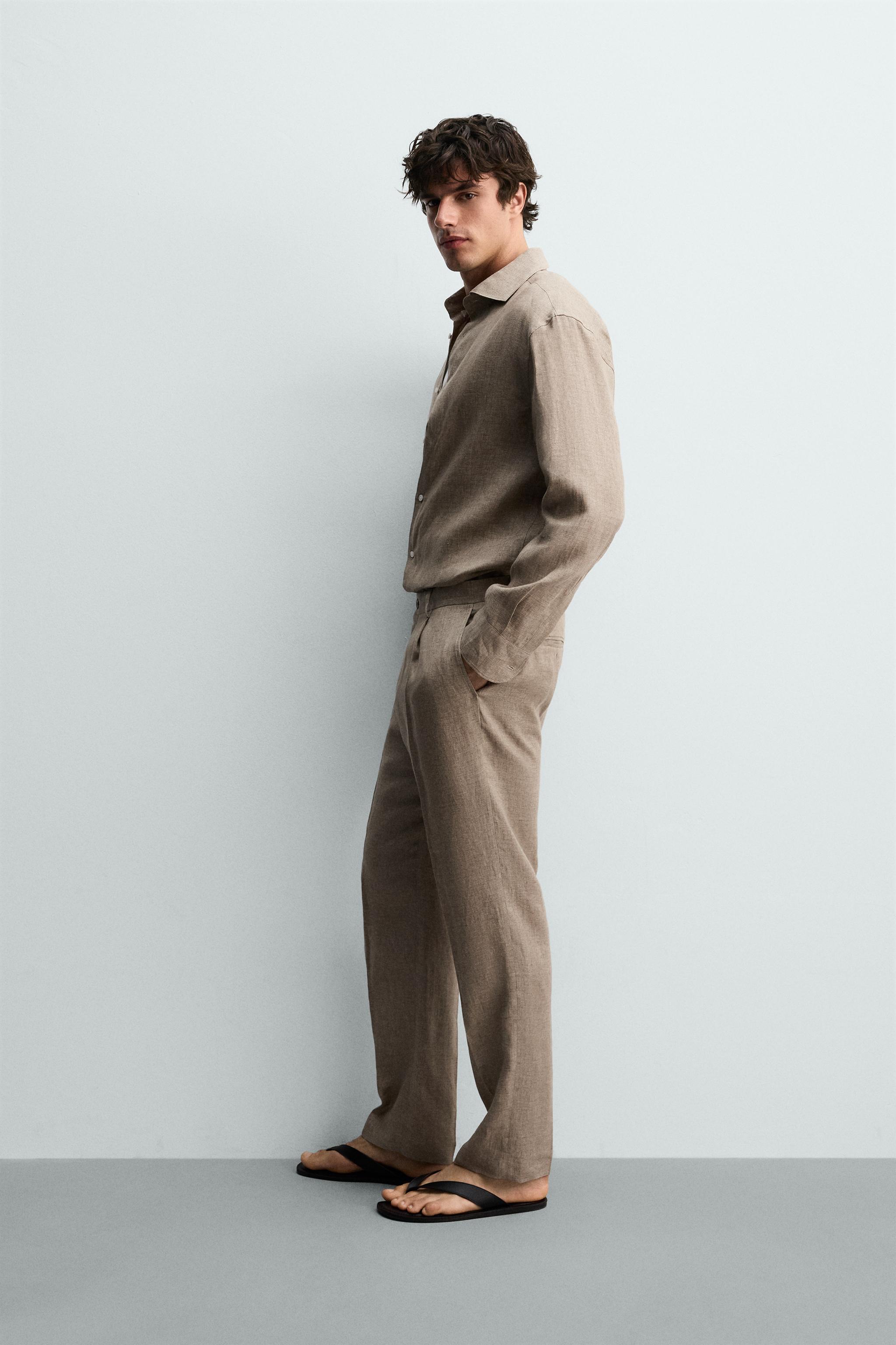 100% LINEN REGULAR FIT TROUSERS — Sand / Marl (alternate view)