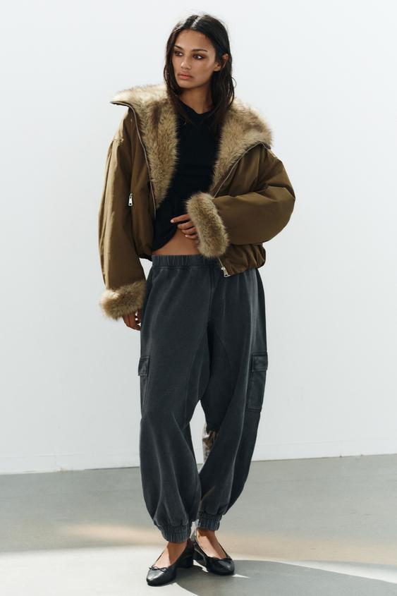 CONTRAST FAUX FUR BOMBER JACKET - Light khaki by Zara - Image 0