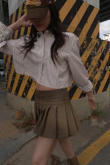 Zara 繫腰帶打褶短褲裙 - 棕色/白色