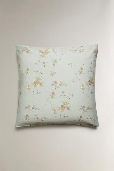 FLORAL BRANCH SATEEN PILLOWCASE (300 THREAD COUNT) - Blue / Green by Zara - Image 1