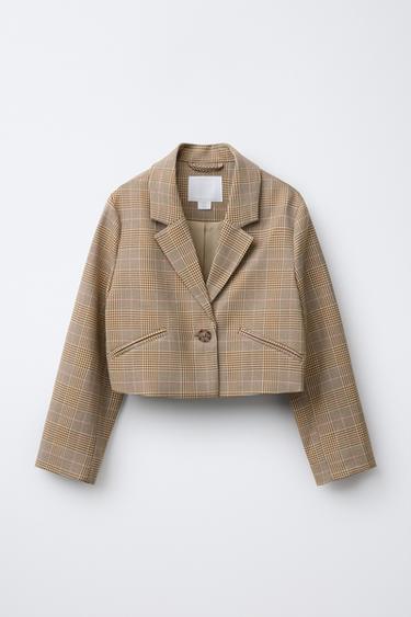 CHECK CROPPED BLAZER - Light beige by Zara - Image 0