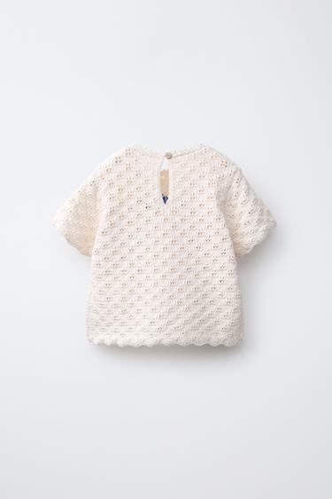 EMBROIDERED CROCHET KNIT T-SHIRT - Ecru by Zara - Image 1