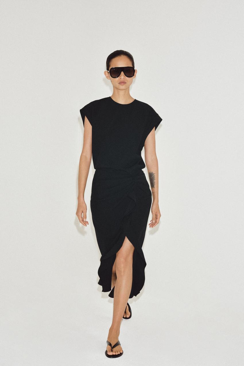 black dress with pearls zara Flare Mini it features a bandeau cowl neckline and a draped overlay over the hips for flattering movement Zara Dresses | Zara Nwt