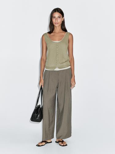 Zara Layered knit top with buttons - Light khaki - Image 0