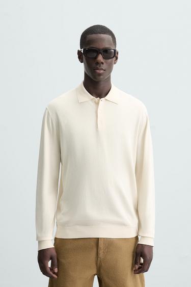 Zara KNIT COTTON - LYOCELL POLO SHIRT - Ecru / Beige