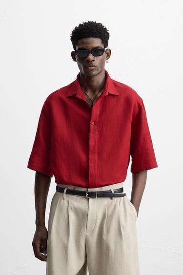 COTTON-LINEN TEXTURED SHIRT - Intense red by Zara