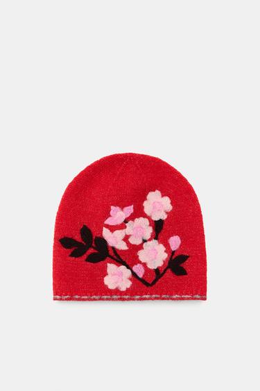 GORRO BEANIE FLORES CONTRASTE - Rojo de Zara - Imagen 0