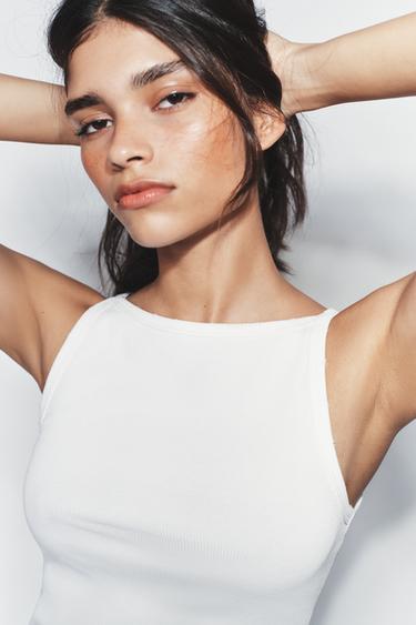 TOP HALTER CÔTELÉ EFFET DÉLAVÉ - Blanc de Zara