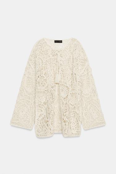 ROBE EN MAILLE AJOURÉE À POMPONS - Écru de Zara