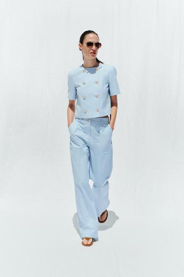 PANTALÓN RECTO BOTÓN METÁLICO - Celeste de Zara