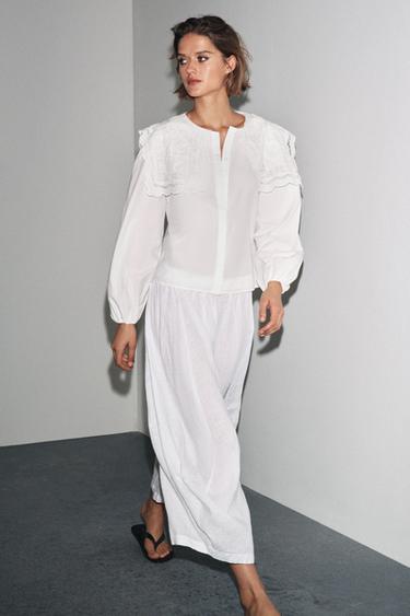 ZW COLLECTION EMBROIDERED COLLAR POPLIN SHIRT - Oyster-white by Zara - Image 0