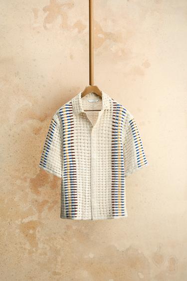 Zara STRIPED CROCHET SHIRT - Ecru