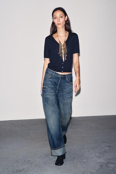 100% EXTRAFINE WOOL SHORT SLEEVE CARDIGAN - Navy blue by Zara - Image 4
