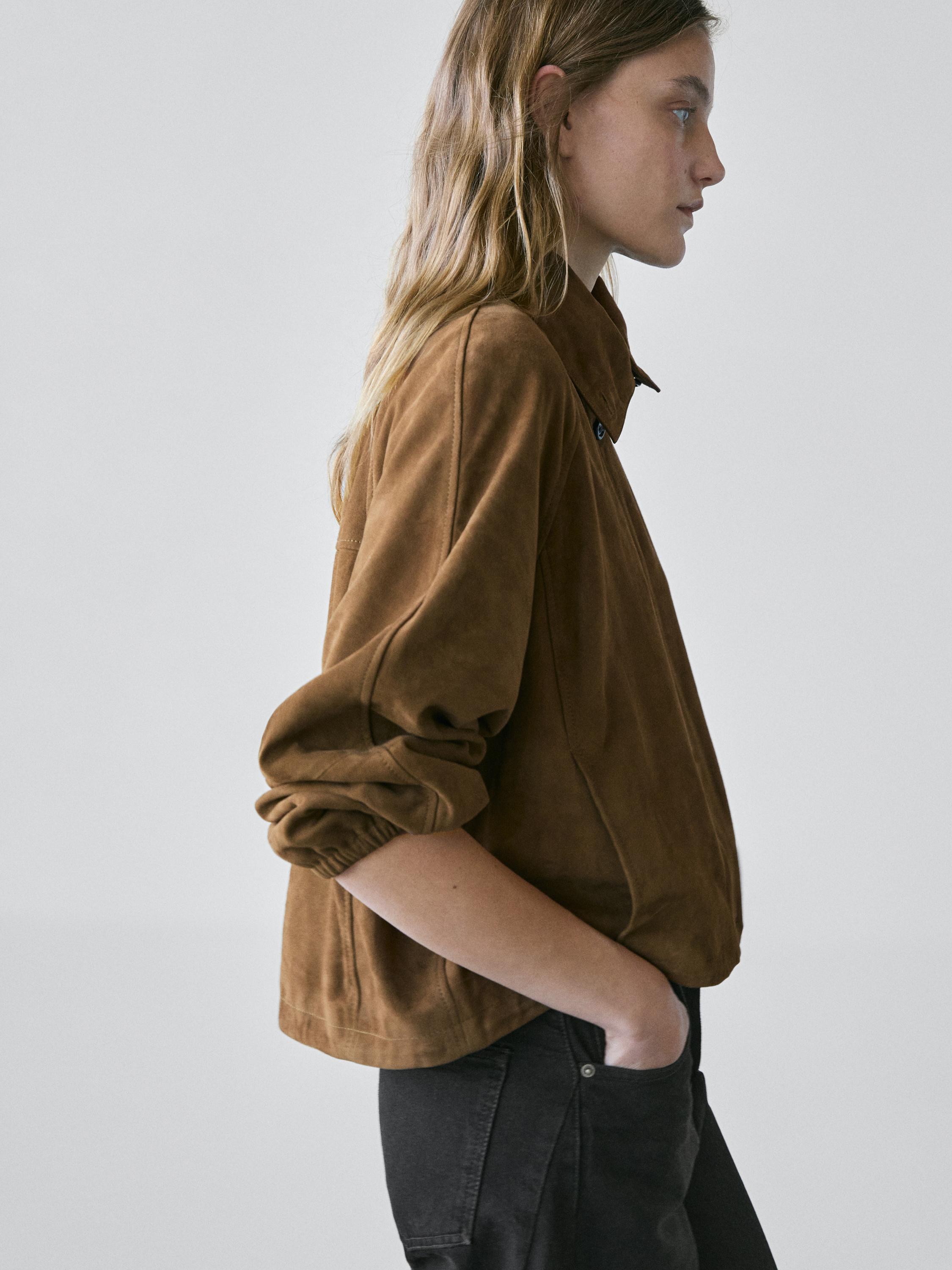Veste bomber courte en cuir effet daim