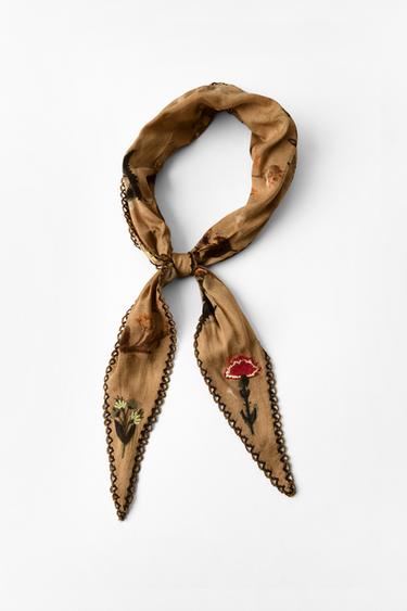 EMBROIDERED FLORAL PRINT BANDANA - camel by Zara