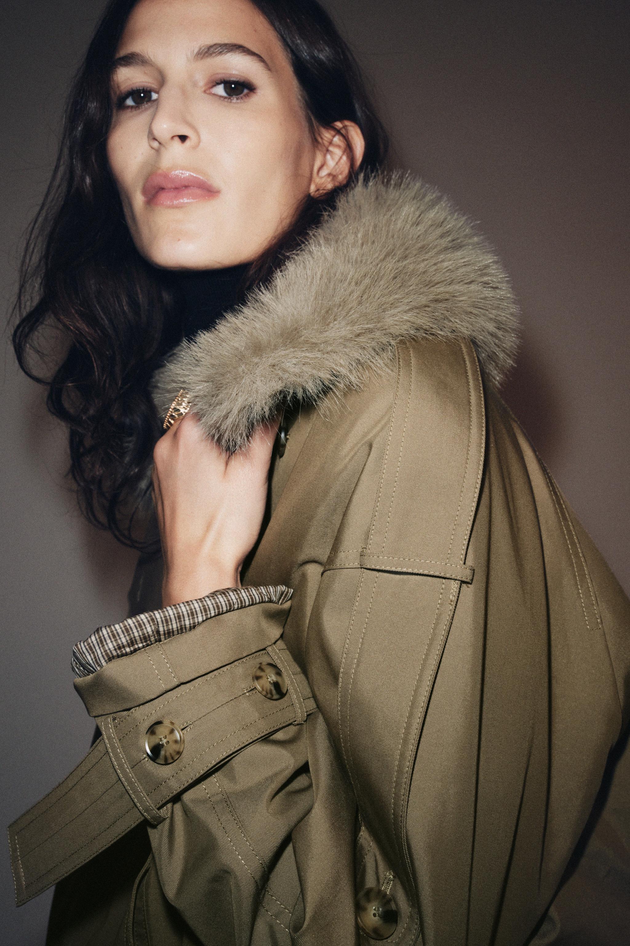 QUILTED FAUX FUR COLLAR TRENCH COAT ZW COLLECTION - Light khaki